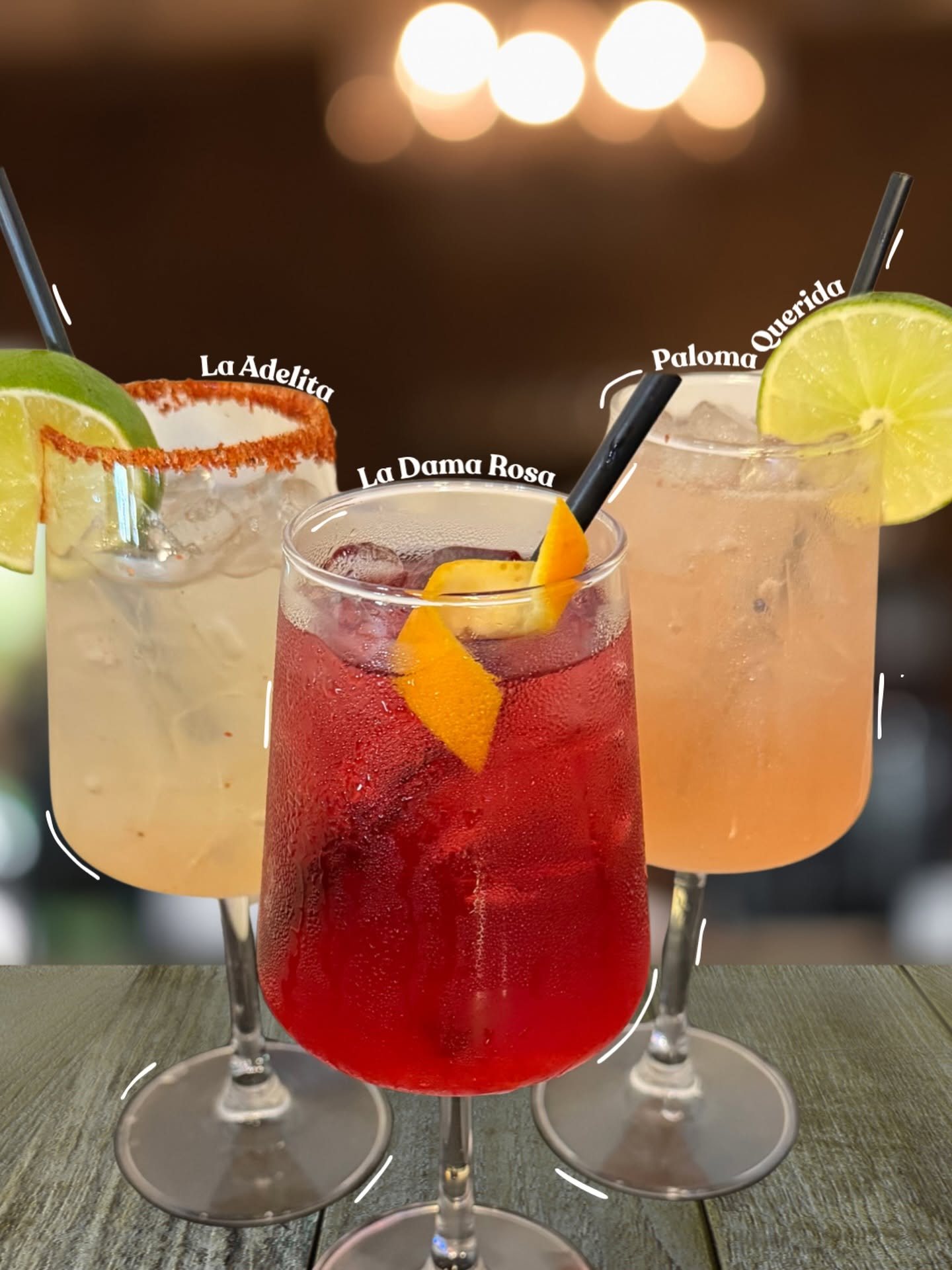 La Adelita, La Dama Rosa y Paloma Querida — zero-proof mocktails