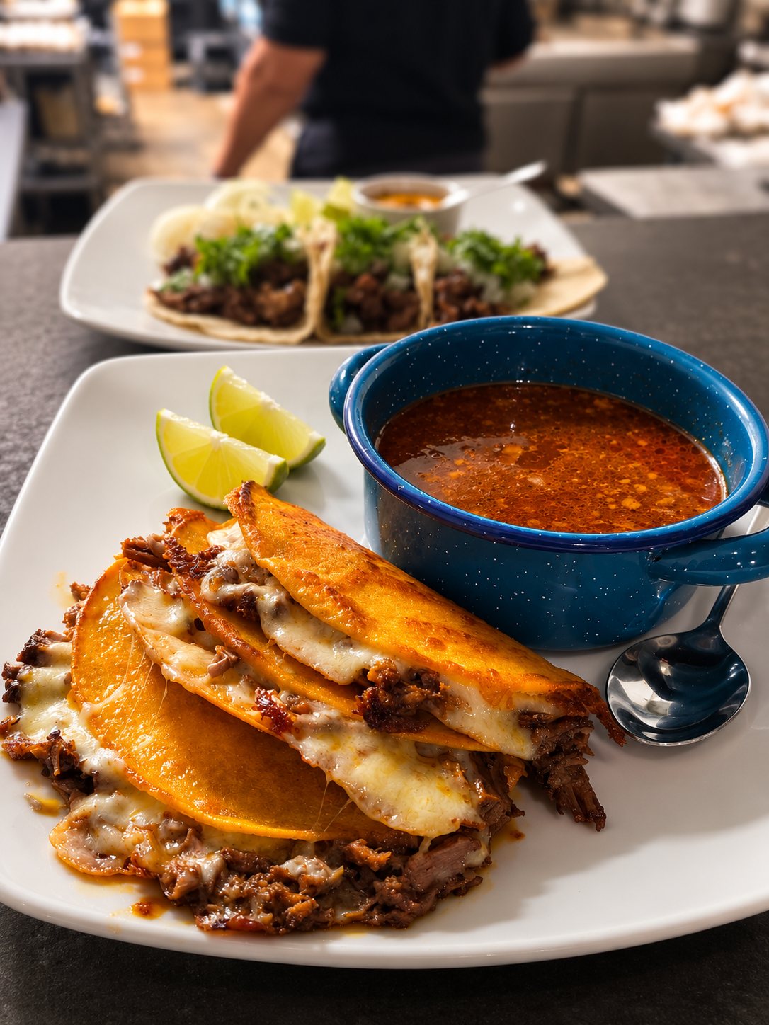 Quesabirria Tacos con consomé